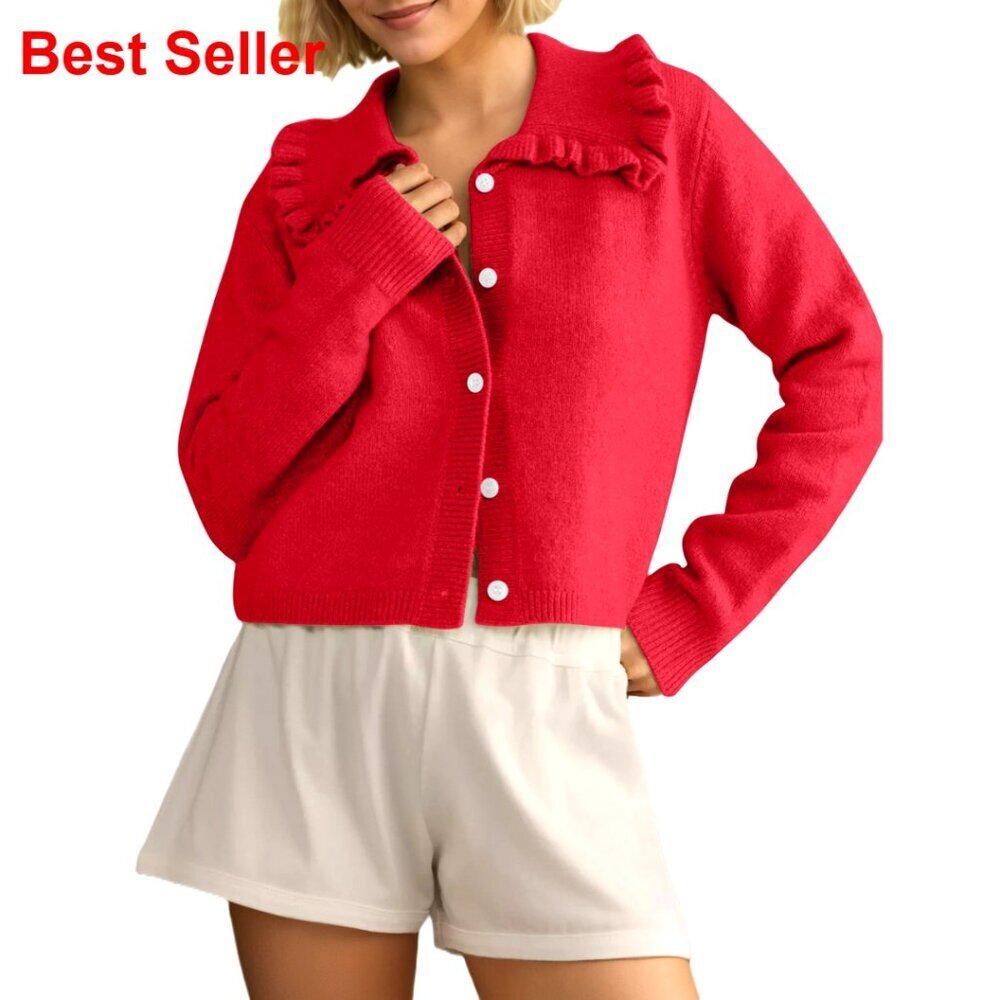 Ruffle Collar Cropped Cardigan Long Sleeve Open Front Knit Sweater